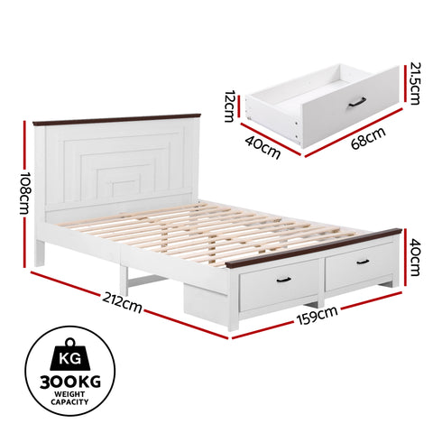 Queen Wooden Bed Frame with 2 Drawer Platform Bed with 108cm Solid High Headboard White Bed Base for Bedroom Easy Assembly