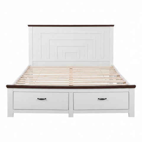 Queen Wooden Bed Frame with 2 Drawer Platform Bed with 108cm Solid High Headboard White Bed Base for Bedroom Easy Assembly