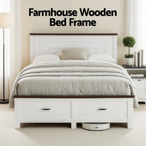 Queen Wooden Bed Frame with 2 Drawer Platform Bed with 108cm Solid High Headboard White Bed Base for Bedroom Easy Assembly