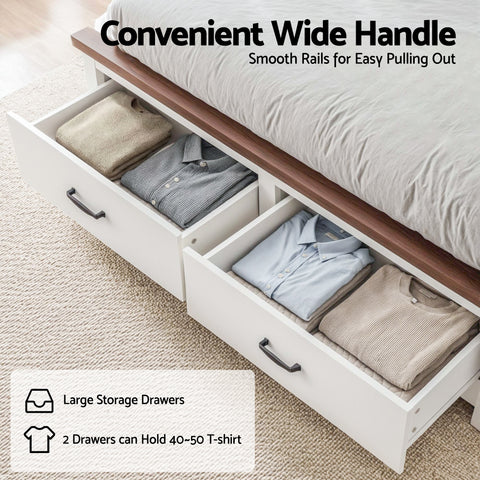 Queen Wooden Bed Frame with 2 Drawer Platform Bed with 108cm Solid High Headboard White Bed Base for Bedroom Easy Assembly