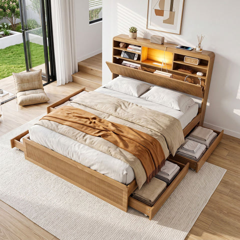 Double Bed Frame with Storage, 4 Drawers, USB and Night Light Natural