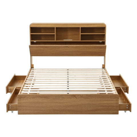Double Bed Frame with Storage, 4 Drawers, USB and Night Light Natural