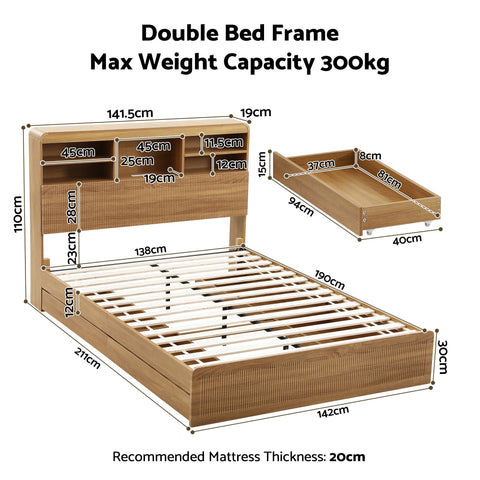 Double Bed Frame with Storage, 4 Drawers, USB and Night Light Natural
