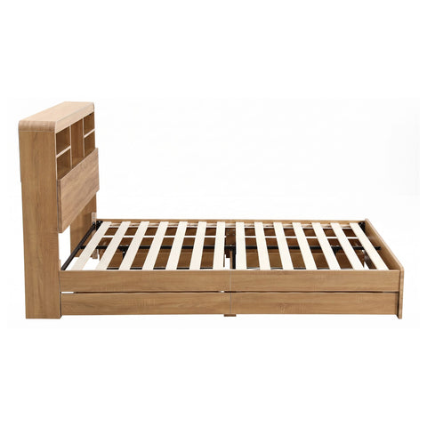 Double Bed Frame with Storage, 4 Drawers, USB and Night Light Natural