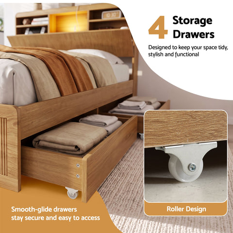 Double Bed Frame with Storage, 4 Drawers, USB and Night Light Natural