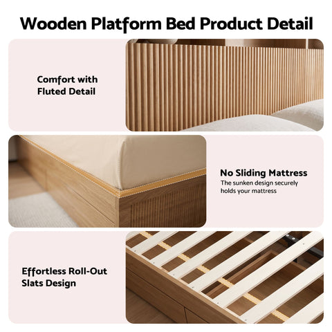 Double Bed Frame with Storage, 4 Drawers, USB and Night Light Natural