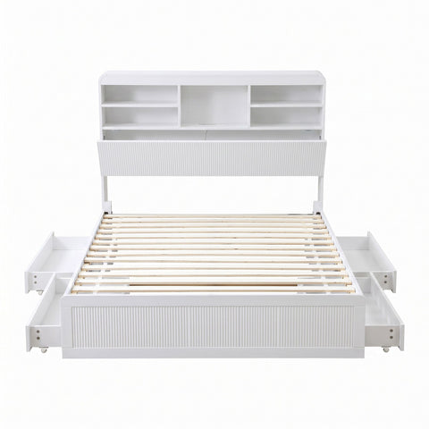 King Single Bed Frame with Storage, 4 Drawers, USB and Night Light White