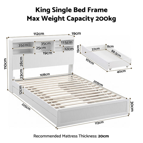 King Single Bed Frame with Storage, 4 Drawers, USB and Night Light White