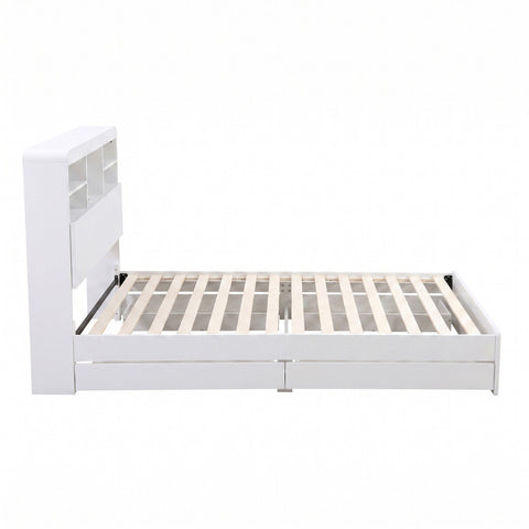 King Single Bed Frame with Storage, 4 Drawers, USB and Night Light White