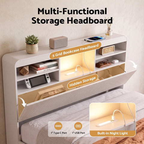 King Single Bed Frame with Storage, 4 Drawers, USB and Night Light White