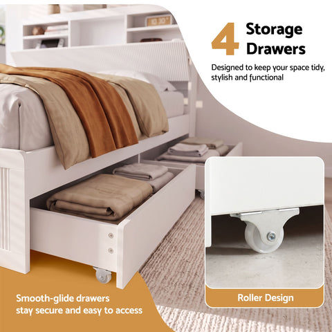 King Single Bed Frame with Storage, 4 Drawers, USB and Night Light White