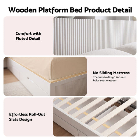 King Single Bed Frame with Storage, 4 Drawers, USB and Night Light White