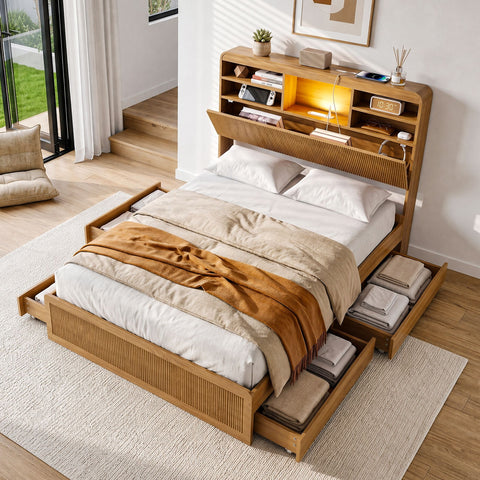 King Single Bed Frame with Storage, 4 Drawers, USB and Night Light Natural