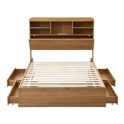 King Single Bed Frame with Storage, 4 Drawers, USB and Night Light Natural