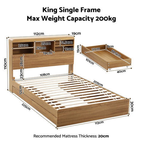 King Single Bed Frame with Storage, 4 Drawers, USB and Night Light Natural
