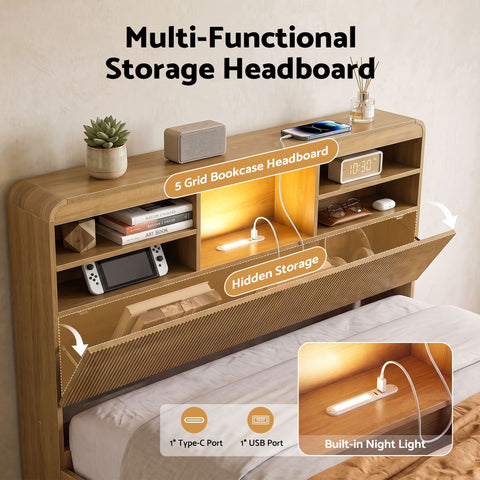 King Single Bed Frame with Storage, 4 Drawers, USB and Night Light Natural