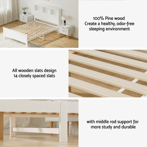 Bed Frame Double Size Wooden with 3 Shelves Bed Head White