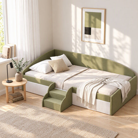 King Single Upholstered Daybed Sofa Bed with Centre Stairs, Olive