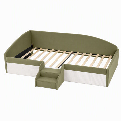 King Single Upholstered Daybed Sofa Bed with Centre Stairs, Olive