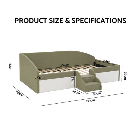 King Single Upholstered Daybed Sofa Bed with Centre Stairs, Olive