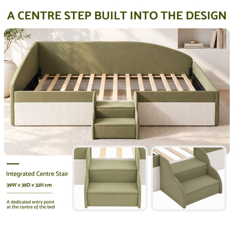 King Single Upholstered Daybed Sofa Bed with Centre Stairs, Olive
