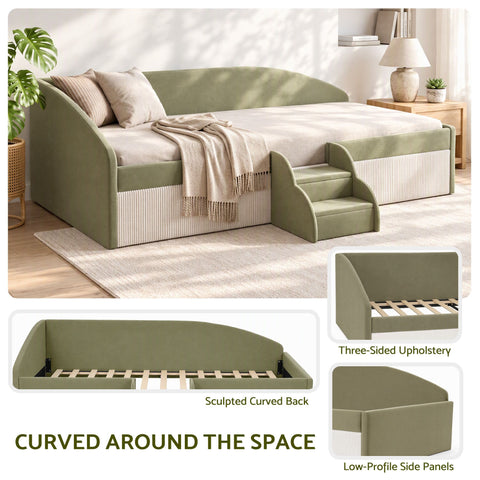 King Single Upholstered Daybed Sofa Bed with Centre Stairs, Olive