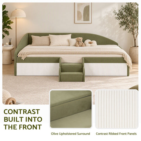 King Single Upholstered Daybed Sofa Bed with Centre Stairs, Olive