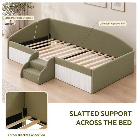 King Single Upholstered Daybed Sofa Bed with Centre Stairs, Olive