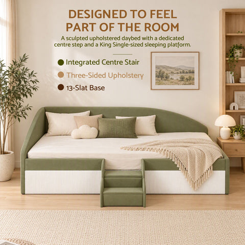 King Single Upholstered Daybed Sofa Bed with Centre Stairs, Olive
