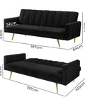 Levede Sofa Bed Convertible Velvet Lounge Recliner Couch Sleeper 3 Seater Black-1954802342197071874