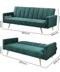 Levede Sofa Bed Convertible Velvet Lounge Recliner Couch Sleeper 3 Seater Green-1954802342541004802